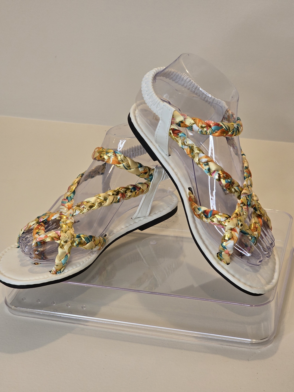 Women's Braided White And Gold Multi-Color Strap Sandals